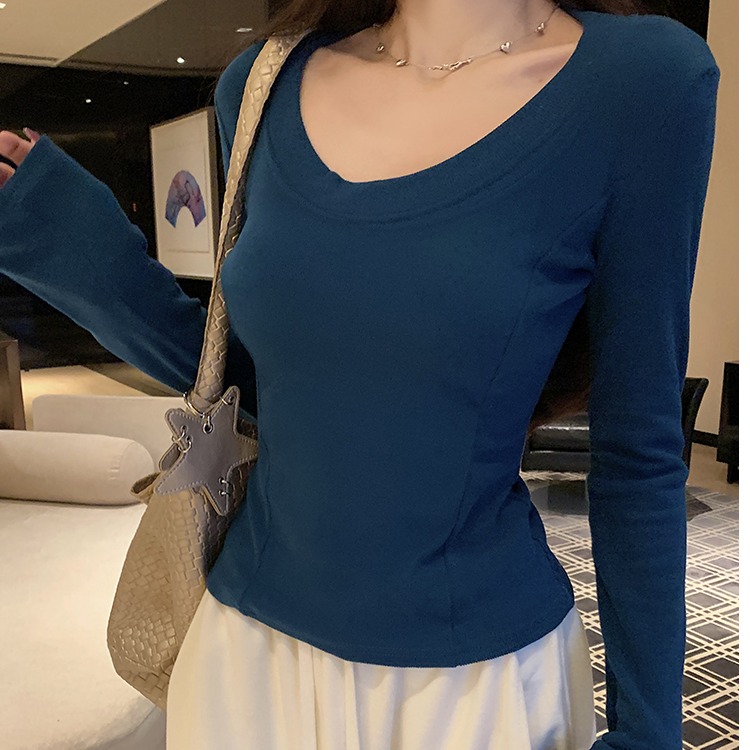 韩系基础款加绒加厚打底衫女秋冬内搭上衣短款u领长袖打底t恤女