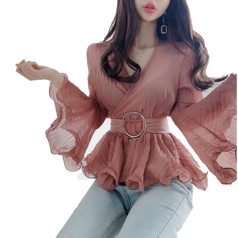 春秋款气质女人褶皱系带收腰喇叭袖仙女衬衫时尚V领修身打底上衣
