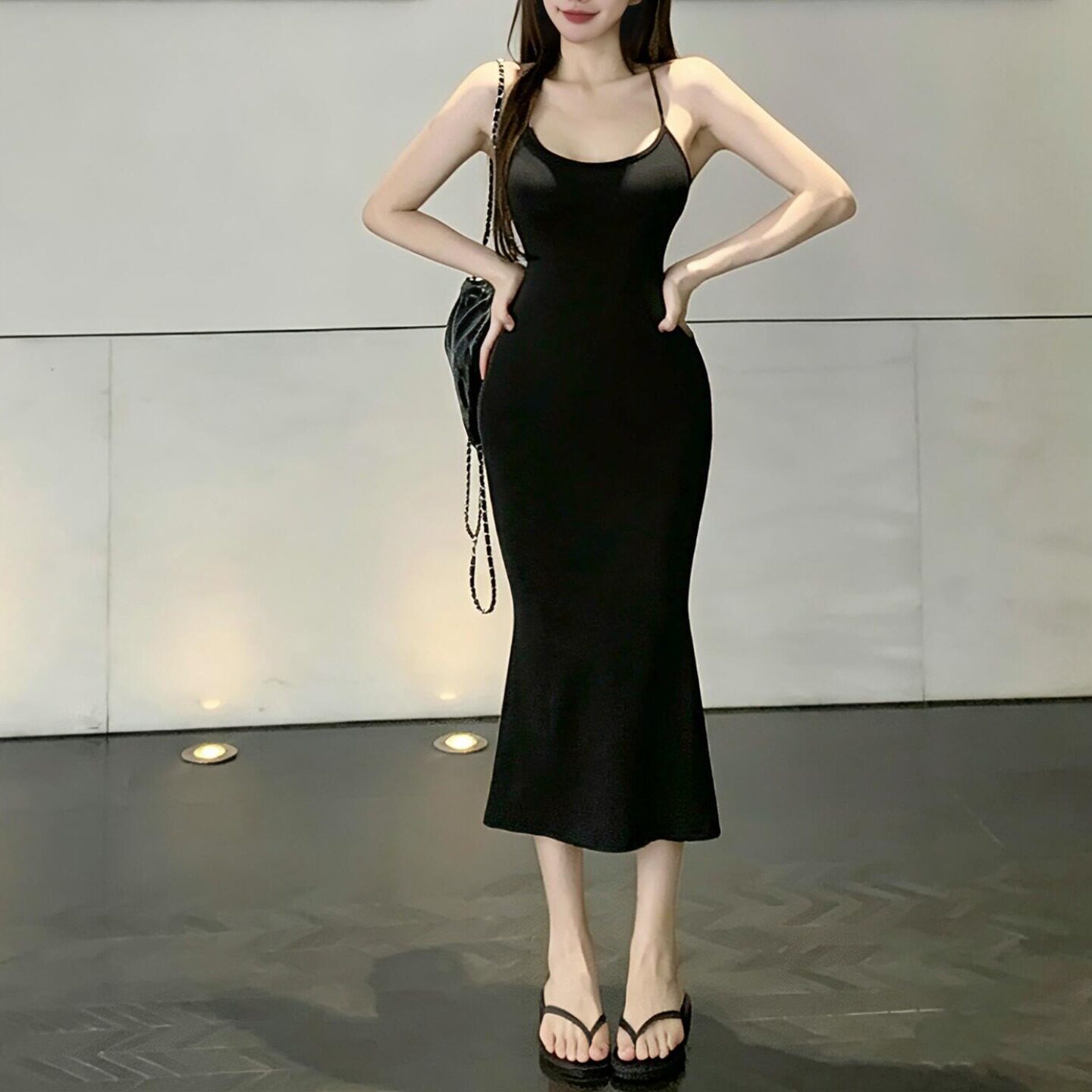 韩系设计感露背带胸垫连衣裙女夏季纯欲辣妹修身吊带鱼尾裙