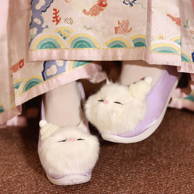 江南朱记猫猫头毛毛鞋女冬外穿加绒棉鞋一脚蹬汉服搭配布鞋冬季