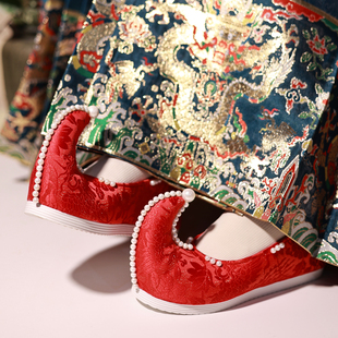 若兰兮x江南朱记联名款高翘头汉服鞋手工串珠内增高布鞋翘头履