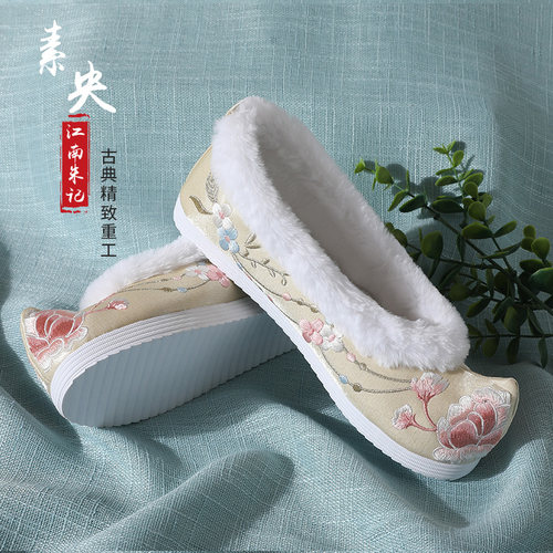 加厚平底汉服鞋江南朱记冬季百搭