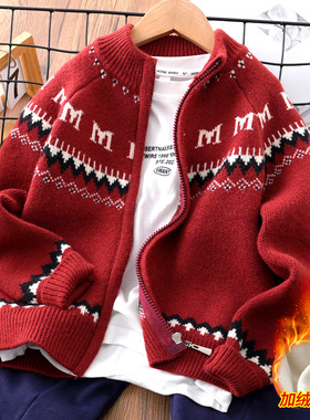 男童红色毛衣开衫冬季加绒加厚儿童拉链针织衫外套男孩秋冬毛线衣