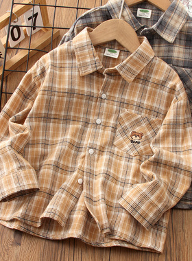 男童格子衬衫纯棉2025新款秋装上衣儿童长袖衬衣男孩春秋磨毛外套