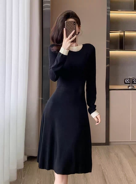 法国小众名媛小香重工珍珠领针织修身连衣裙子女礼服裙2026秋冬