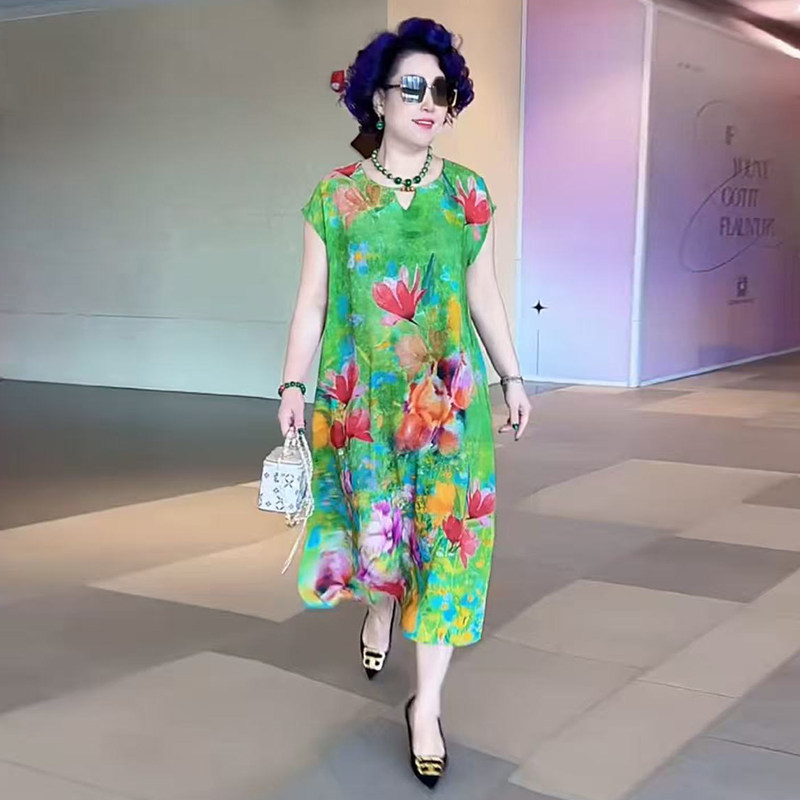 高品质!双绉真丝花色妈妈连衣裙