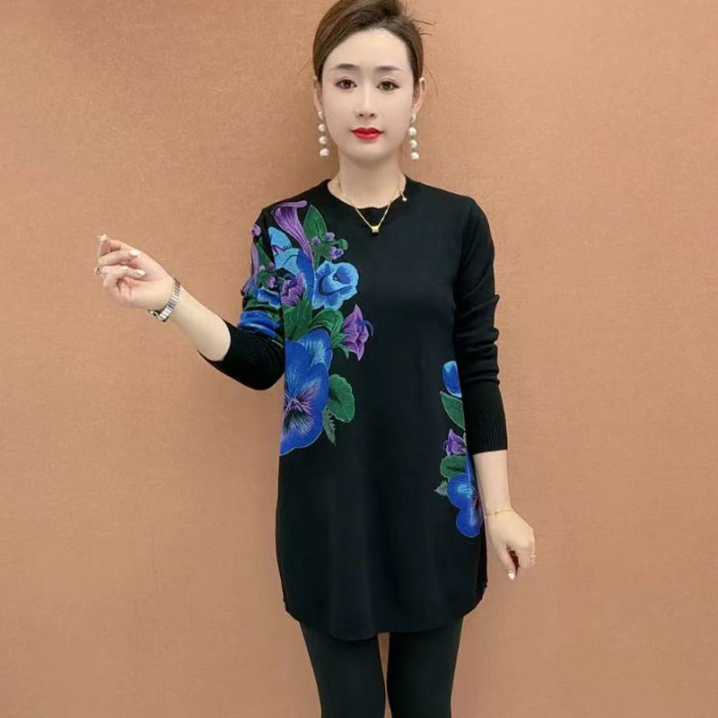 高品质！中长款印花针织打底衫女