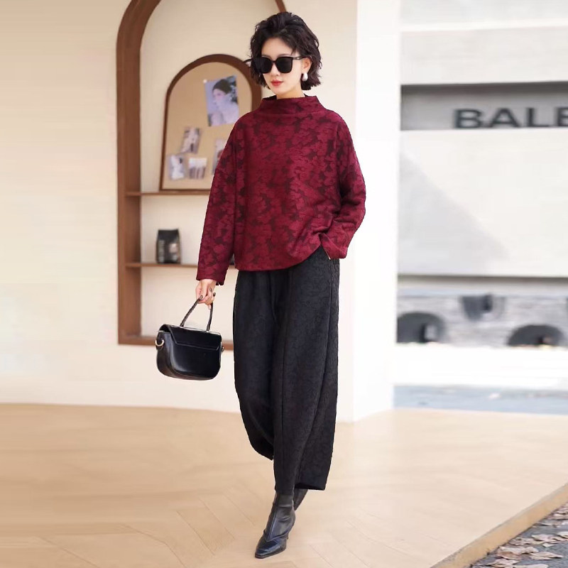 气质妈妈高端复古套装大码提花遮肚上衣百搭宽松阔腿裤显瘦两件套