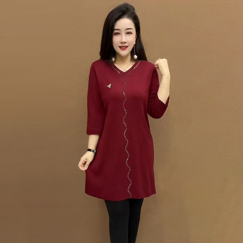 秋冬洋气V领针织大版衫宽松遮肉小个子妈妈弹力中长款打底毛衣裙,女装/女士精品,毛针织衫,淘宝优惠券,粉丝福利购,淘宝优惠卷