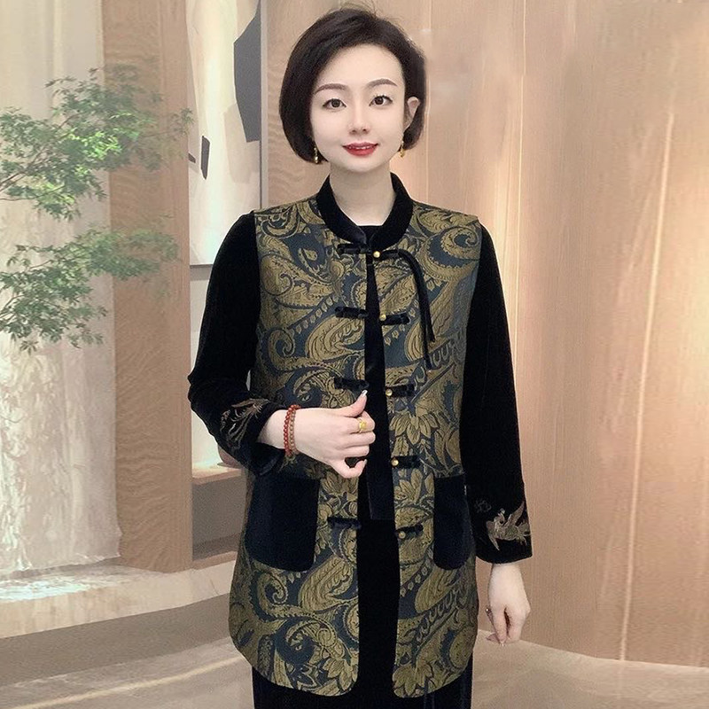 新中式国风提花马甲秋季新款中老年妈妈大码浮雕拼接盘扣带兜坎肩