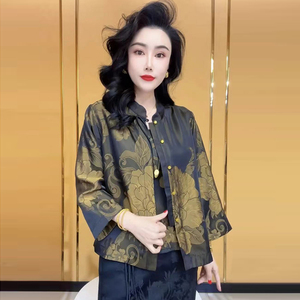 国风香云纱妈妈开衫高定高端黑色盘扣复古真丝提花桑蚕丝上衣外套