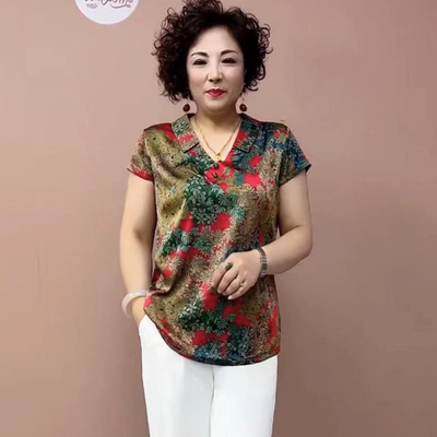 桑蚕丝时尚娃娃领短袖大码上衣女