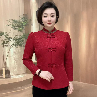 本命年红色加绒开衫复古盘扣旗袍式上衣中老年妈妈装冬季新款外套