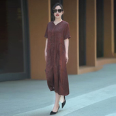 国风中老年女装 高端重磅桑蚕丝妈妈短袖 连衣裙加肥加大码 真丝裙子