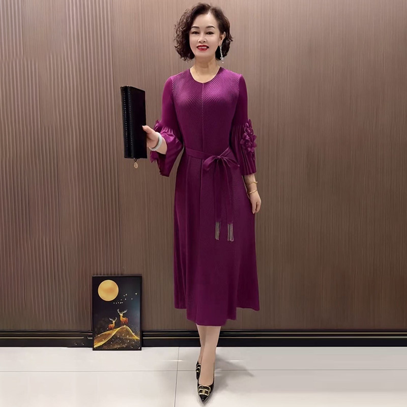 立体花针织连衣裙气质妈妈长裙子