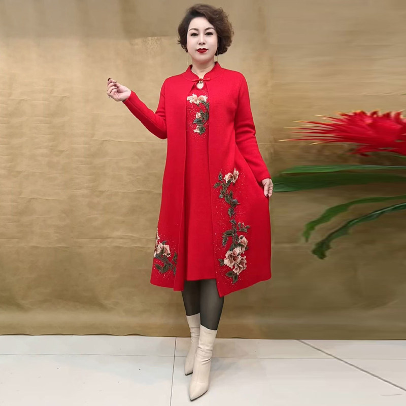 喜婆婆重工刺绣改良旗袍裙针织裙