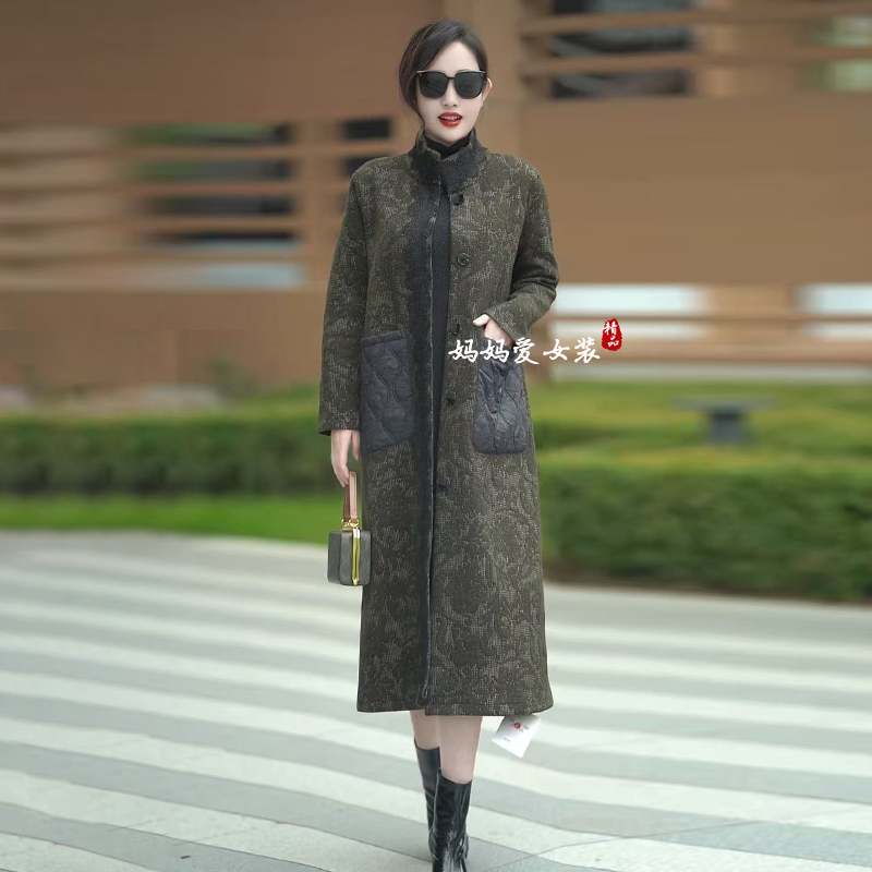 高档贵夫人色织羊绒大衣加肥加大码欧货洋气妈妈长款大码立领外套