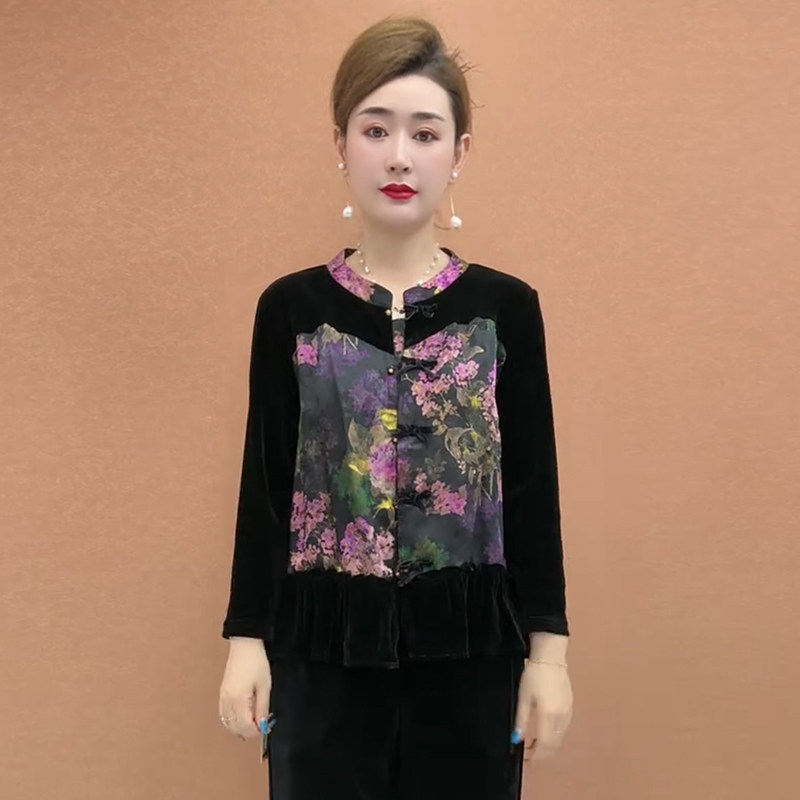高品质!国风妈妈丝绒小衫外套女