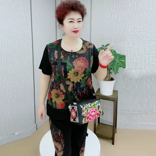 中老年妈妈真丝套装夏季新款加肥加大短袖上衣哈伦小脚裤两件套女