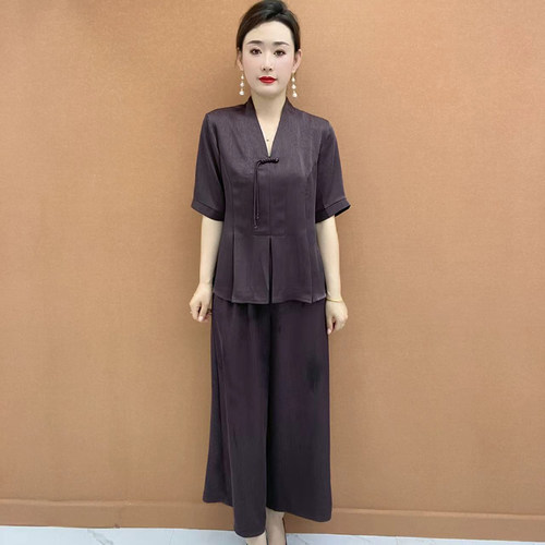 中年妈妈真丝套装纯色减龄两件套