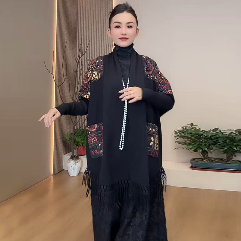 高品质!中长款流苏拼接针织开衫