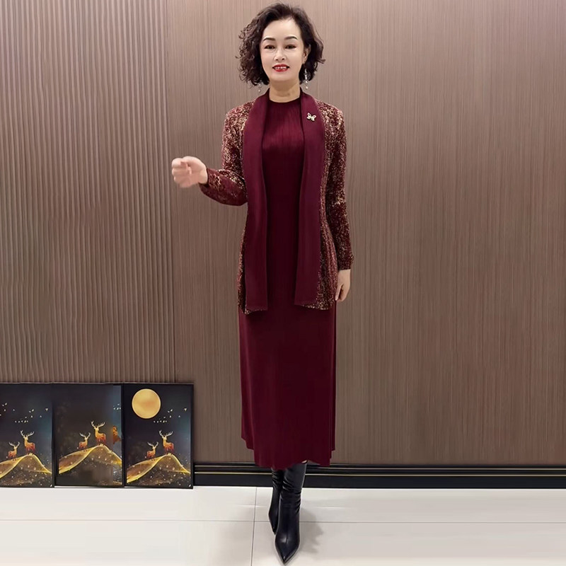 气质外套+无袖连衣裙妈妈两件套