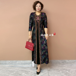 专柜同款气质典雅秋冬长袖中年妈妈绣花连衣裙南韩丝弹力收腰长裙