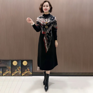 阔太太针织连衣裙2025秋冬新款 遮肚半高领过膝显瘦打底裙 宽松大码