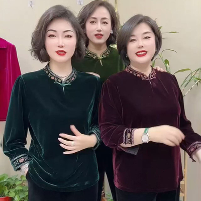 重工刺绣妈妈打底衫丝绒大码上衣