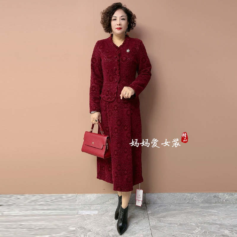植绒烧花红色礼服裙子妈妈连衣裙