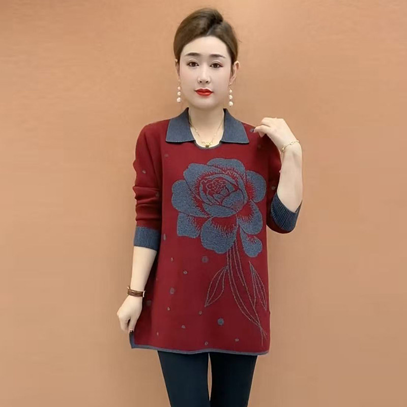 高品质!中年妈妈翻领中长款毛衣
