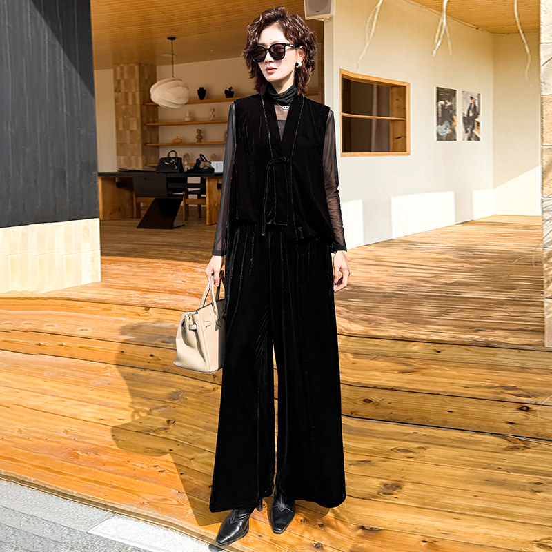 新中式国风高级感大码丝绒短款马甲上衣+宽松阔腿裤复古两件套装,女装/女士精品,时尚套装,淘宝优惠券,粉丝福利购,淘宝优惠卷