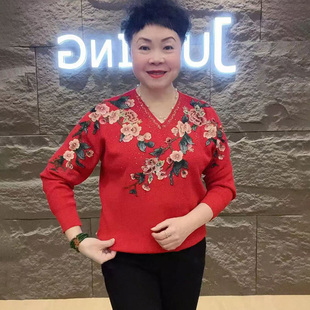 秋冬新款重工立体绣花V领打底衫短款女烫钻贴花长袖毛衣针织上衣