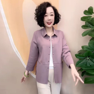 2025春秋中老年妈妈薄款风衣女纯色休闲外套翻领时尚洋气开衫上衣