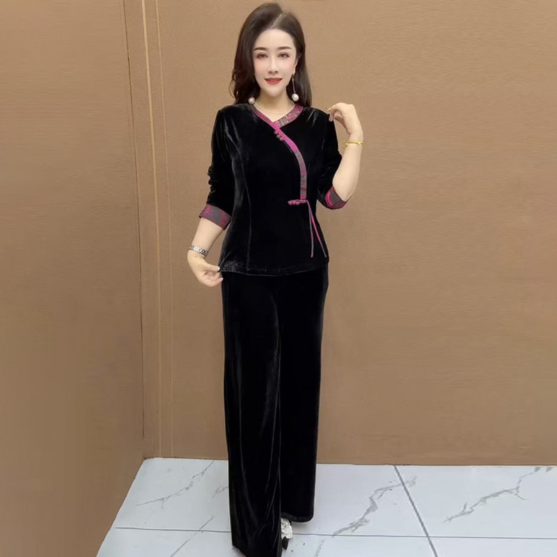 新中式气质小衫2025秋季新款大码妈妈装洋气真丝绒T恤国风上衣女,女装/女士精品,时尚套装,淘宝优惠券,粉丝福利购,淘宝优惠卷