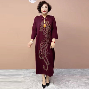 优雅改良旗袍裙羊毛针织连衣裙妈妈秋冬新款水滴领酒红色气质美裙
