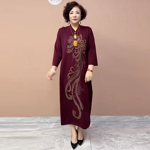 优雅改良旗袍裙羊毛针织连衣裙妈妈秋冬新款水滴领酒红色气质美裙