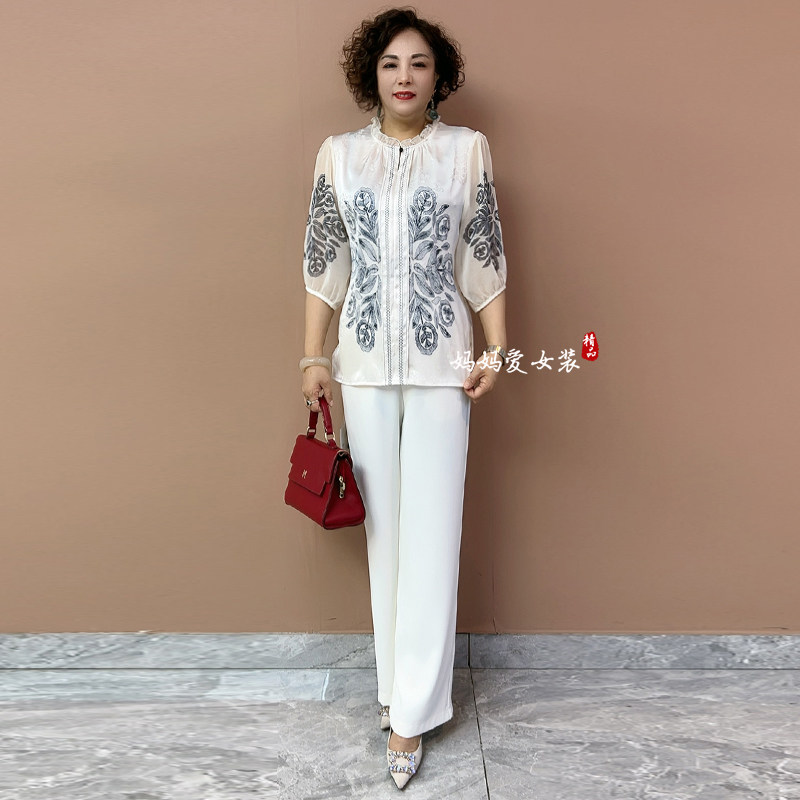 国风洋气妈妈五分袖小衫套装2026夏季新款中年女装中老年上衣裤子
