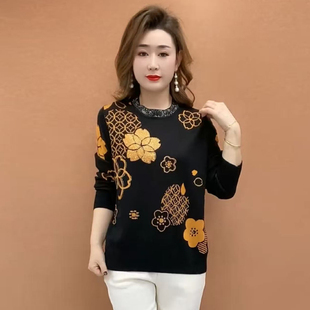 时尚 妈妈秋冬打底衫 遮肚子显瘦洋气加肥加大码 女装 印花毛衣女 新款