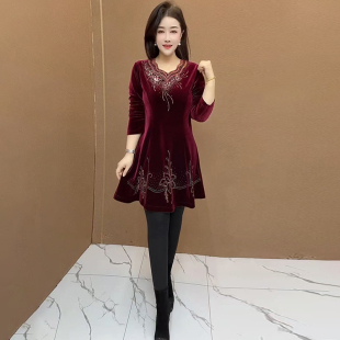 显瘦刺绣A字裙婚宴妈妈装 金丝绒裙子 连衣裙中长大码 高端中年女装