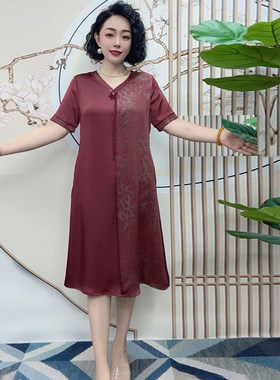 新中式国风真丝撞色妈妈连衣裙