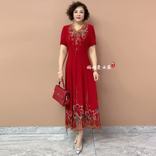 喜婆婆气质妈妈连衣裙夏季短袖高端刺绣收腰显瘦弹力南韩丝长裙子