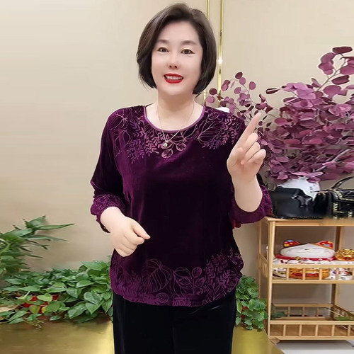 中老年妈妈真丝绒烧花大码上衣女