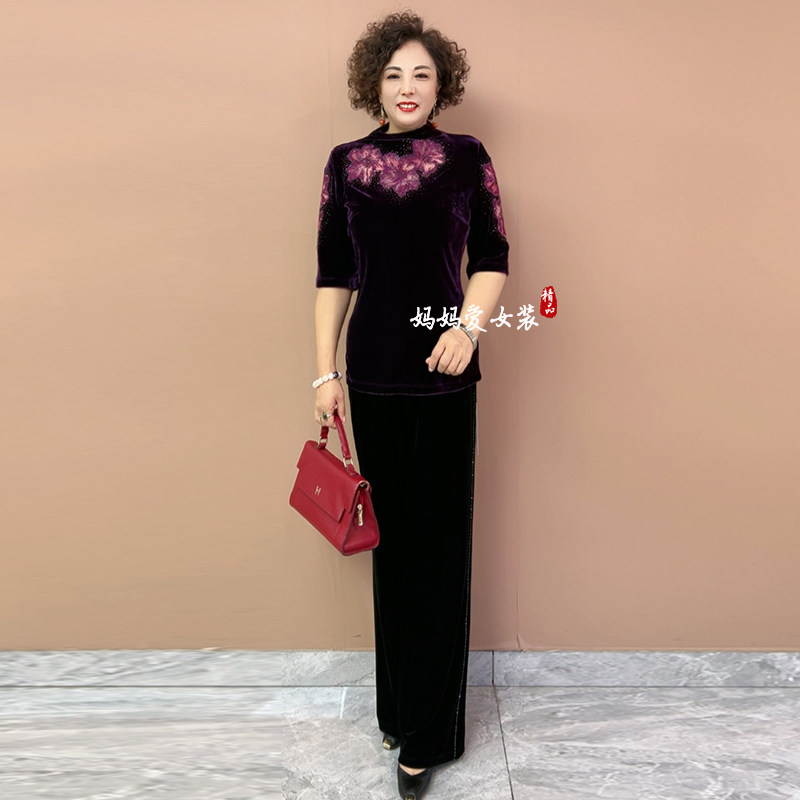 典云间中年妈妈丝绒绣花上衣女