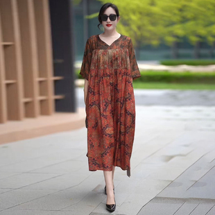 2026夏季文艺复古铜氨丝印花大码连衣裙气质洋气名媛贵夫人长裙子