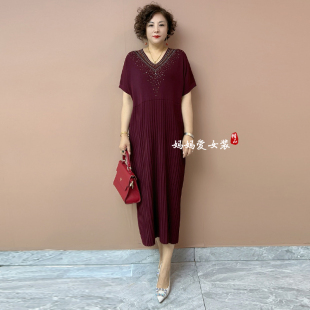 婚宴重工V领烫钻弹力显瘦连衣裙冰麻针织宽松大码妈妈减龄长裙子