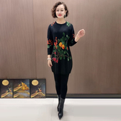 妈妈秋冬新款 连衣裙 宽松毛衣中年女针织打底衫 印花中长款 洋气时尚