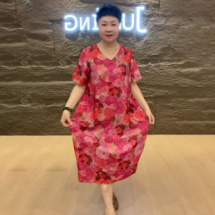 中老年女装夏季短袖印花连衣裙宽松大码洋气妈妈中长款V领长裙子
