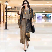 中国风宽松遮肉显瘦大码 时尚 200斤桑蚕丝三件套 春夏新款 真丝套装