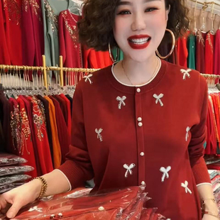 早春重工减龄撞色蝴蝶结针织焦麻小衫女春秋洋气大码女装时尚上衣